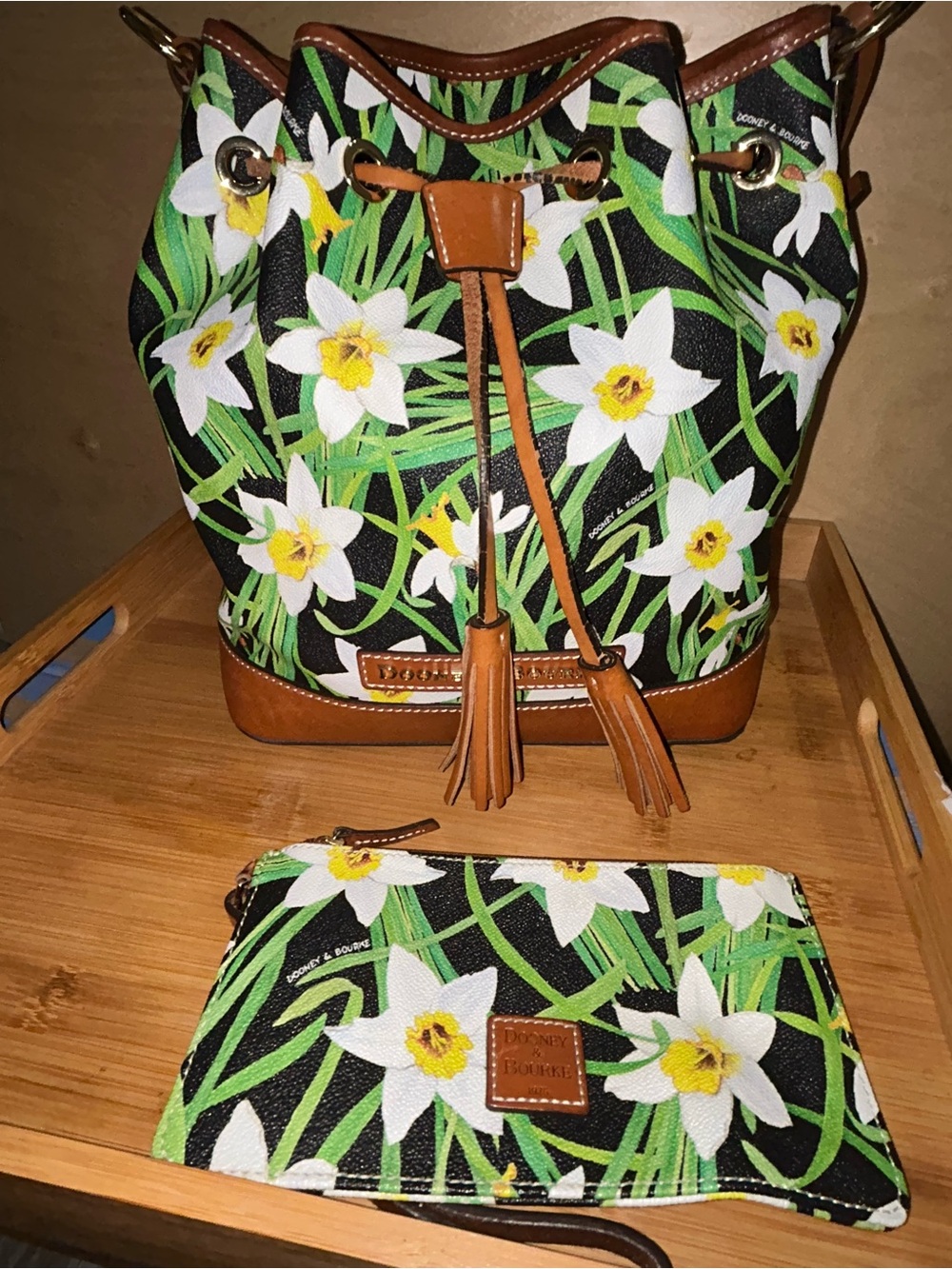 Dooney & Bourke Black White Yellow Floral Drawstring Bucket Bag with Wristlet